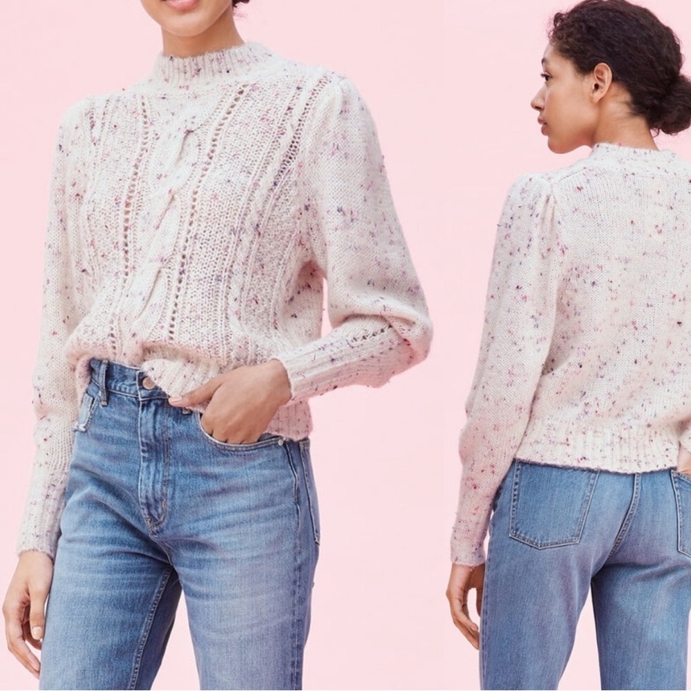 REBECCA TAYLOR Soft Tweed Cable Knit Mock Turtleneck Sweater Pink Purple Cream
